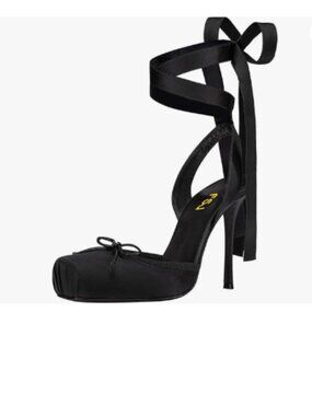 FSJ Black Women Square Toe Bow Tie Satin Ballet High Heel Sexy Lace-up Pumps